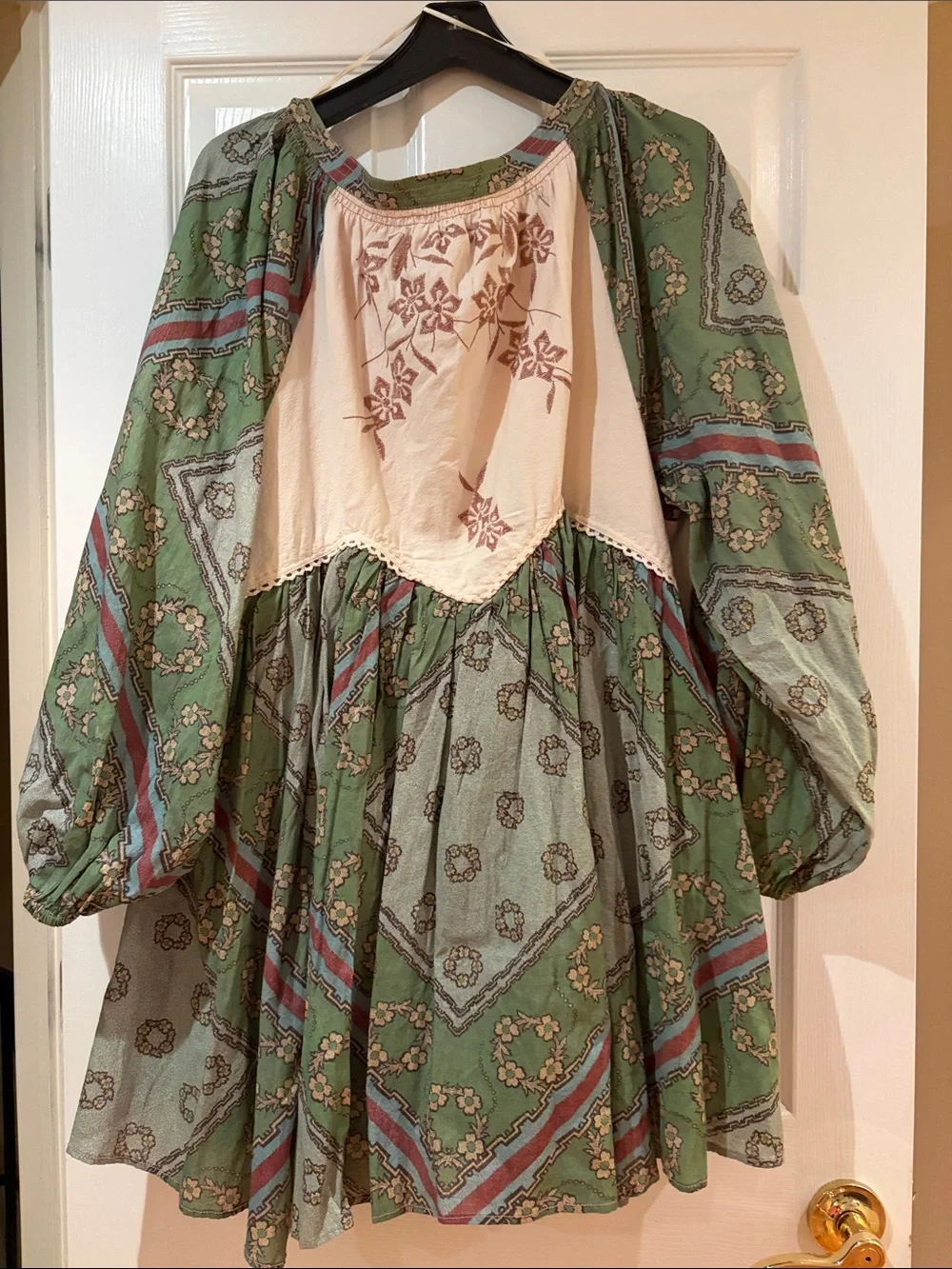 Free People Sage Green Floral Peasant Mini Dress with Cream Yoke